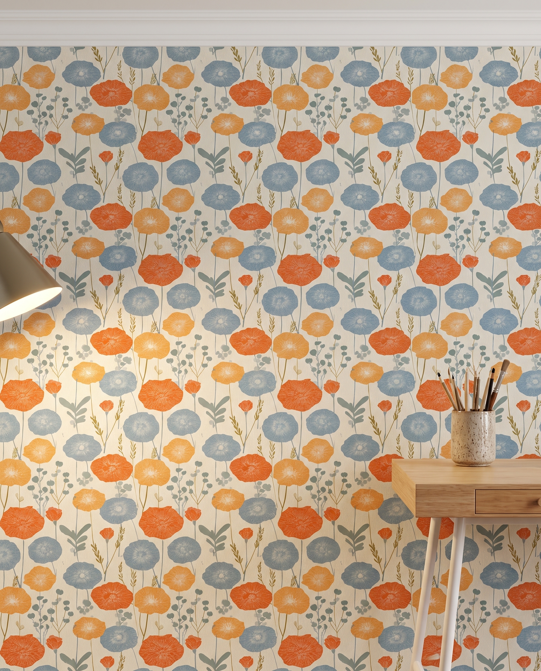 Linocut Poppy Floral Wallpaper in Blue and Orange, Scandinavian Style Removable Peel and Stick Wallpaper for a Bedroom Accent Wall