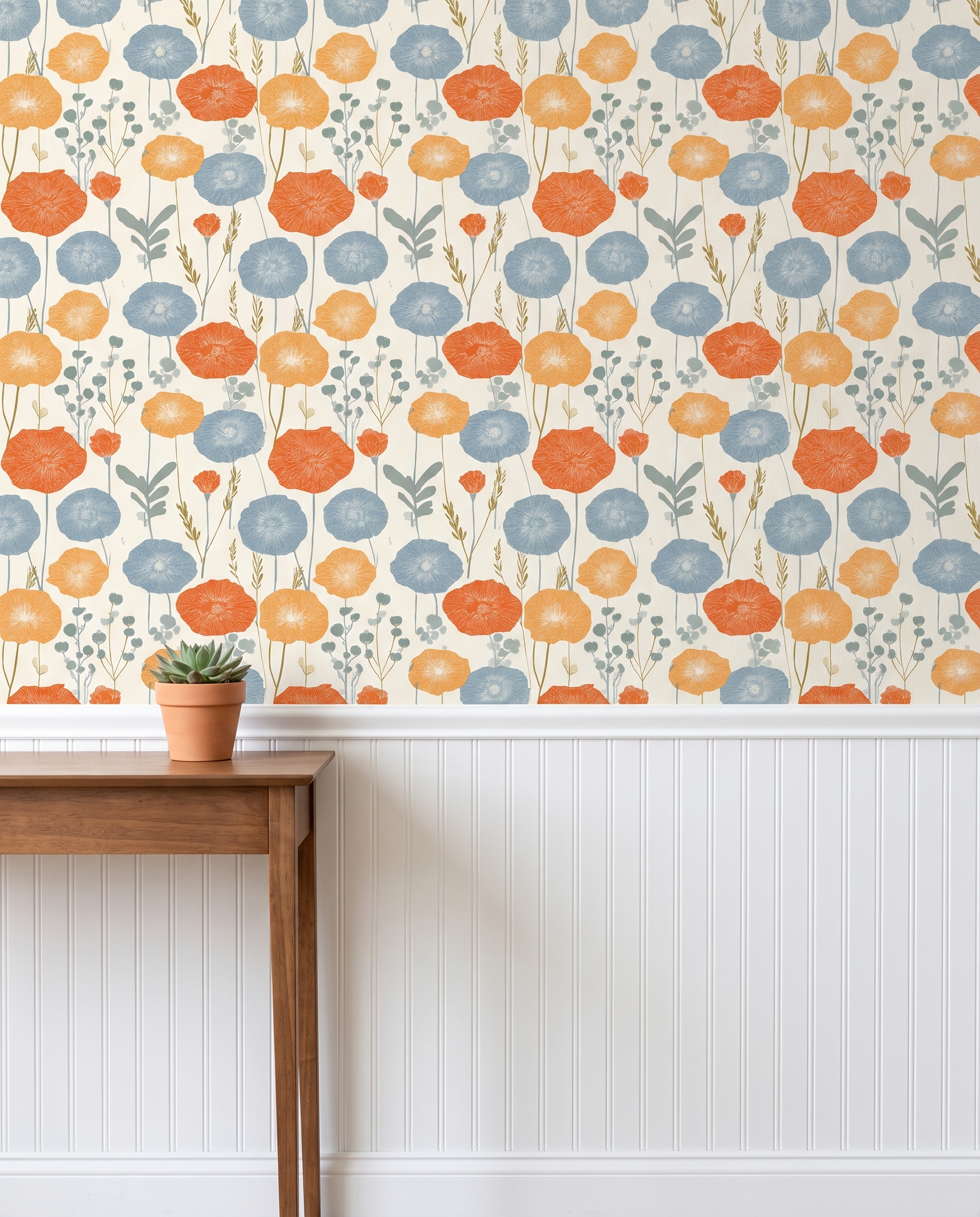 Linocut Poppy Floral Wallpaper in Blue and Orange, Scandinavian Style Removable Peel and Stick Wallpaper for a Bedroom Accent Wall