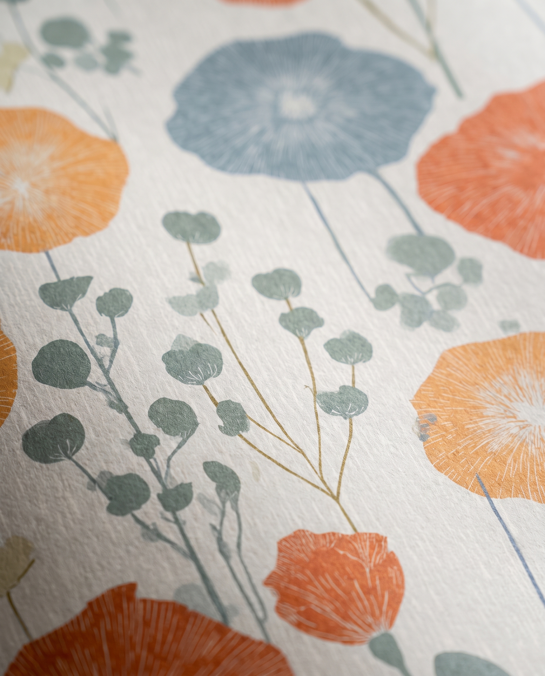 Linocut Poppy Floral Wallpaper in Blue and Orange, Scandinavian Style Removable Peel and Stick Wallpaper for a Bedroom Accent Wall