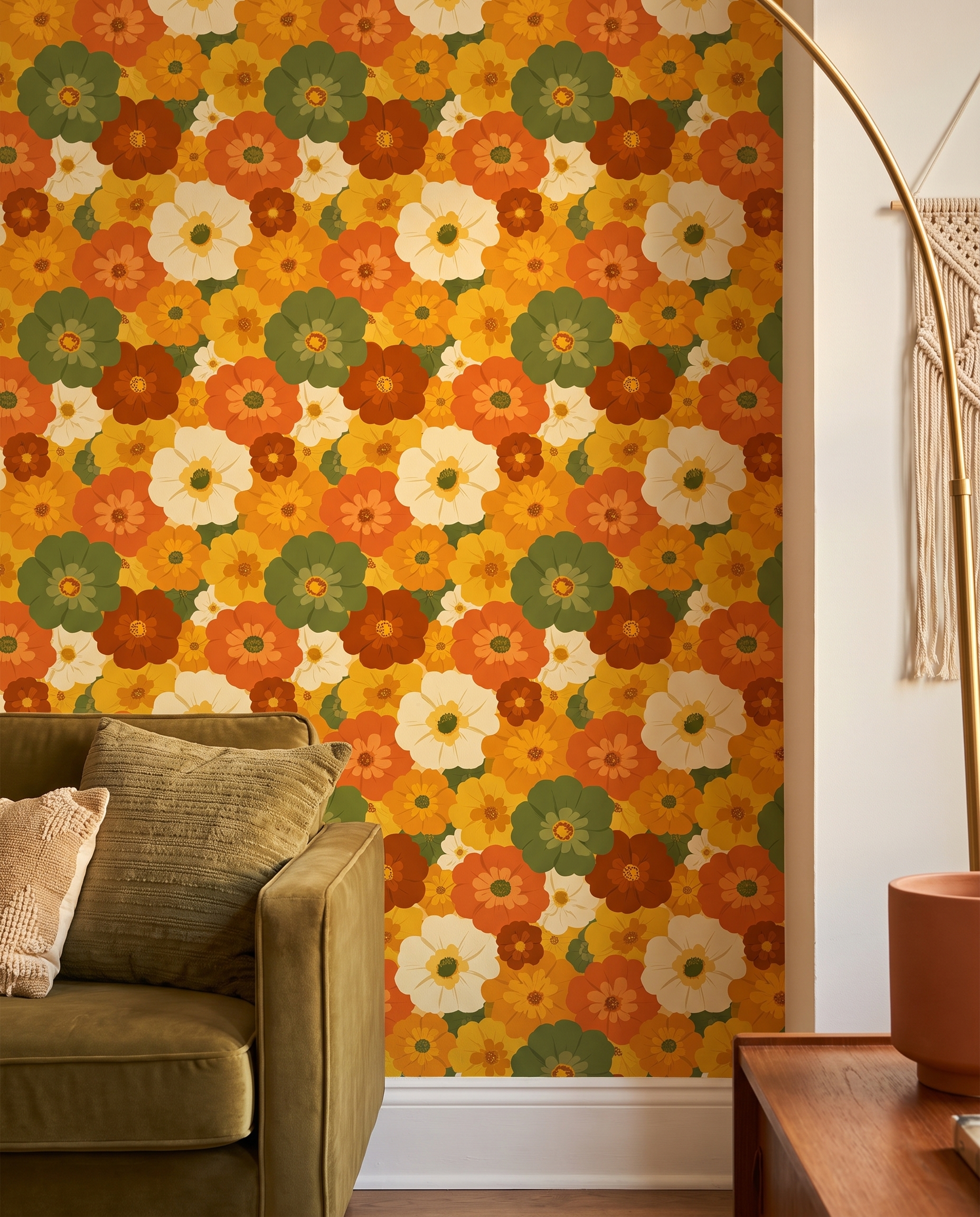 Retro Floral Wallpaper in Orange and Green, 70s Groovy Flowers Peel and Stick Wallpaper, Removable Wall Mural for a Bedroom Accent Wall