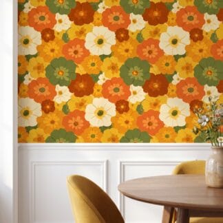Retro Floral Wallpaper in Orange and Green, 70s Groovy Flowers Peel and Stick Wallpaper, Removable Wall Mural for a Bedroom Accent Wall