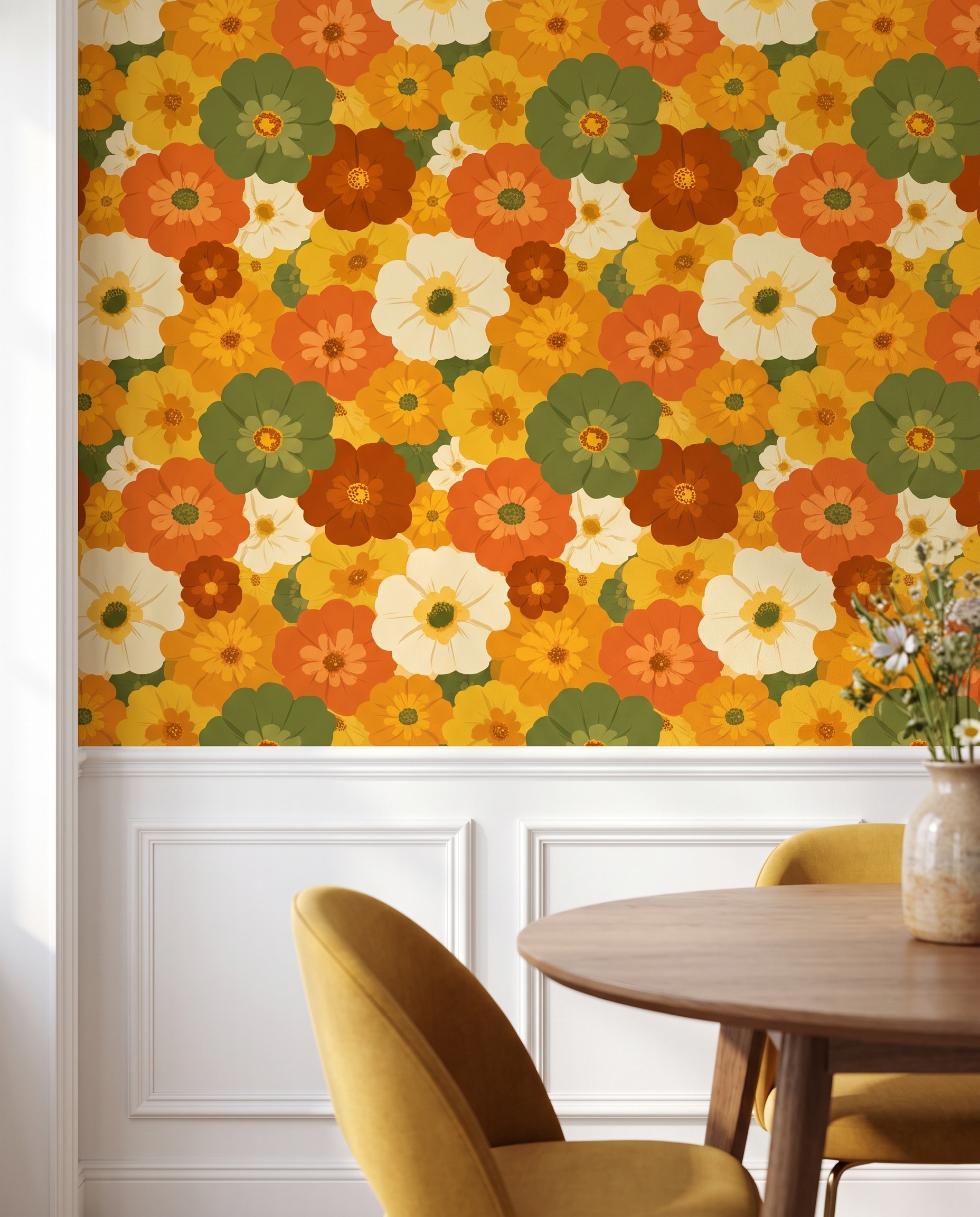 Retro Floral Wallpaper in Orange and Green, 70s Groovy Flowers Peel and Stick Wallpaper, Removable Wall Mural for a Bedroom Accent Wall