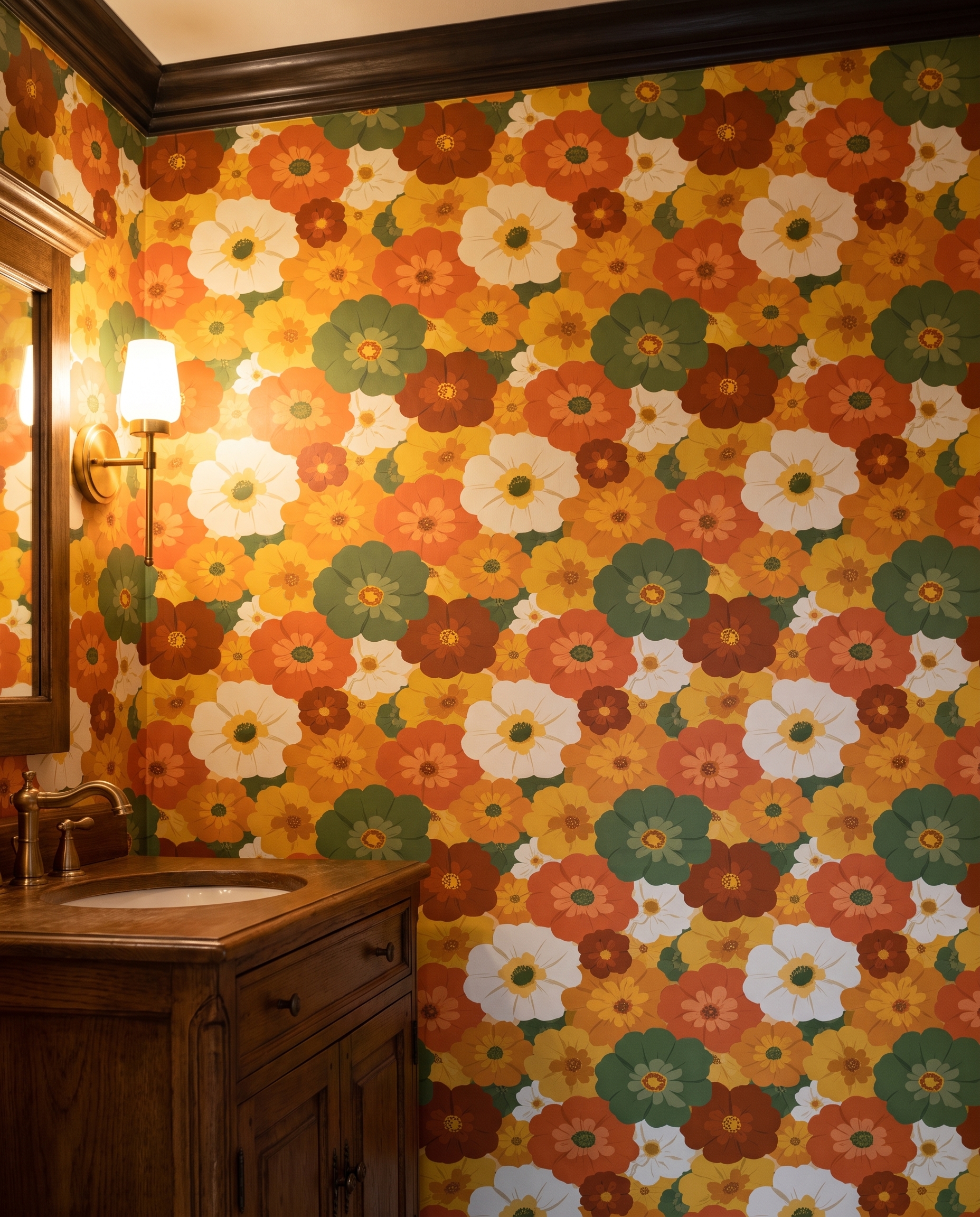 Retro Floral Wallpaper in Orange and Green, 70s Groovy Flowers Peel and Stick Wallpaper, Removable Wall Mural for a Bedroom Accent Wall