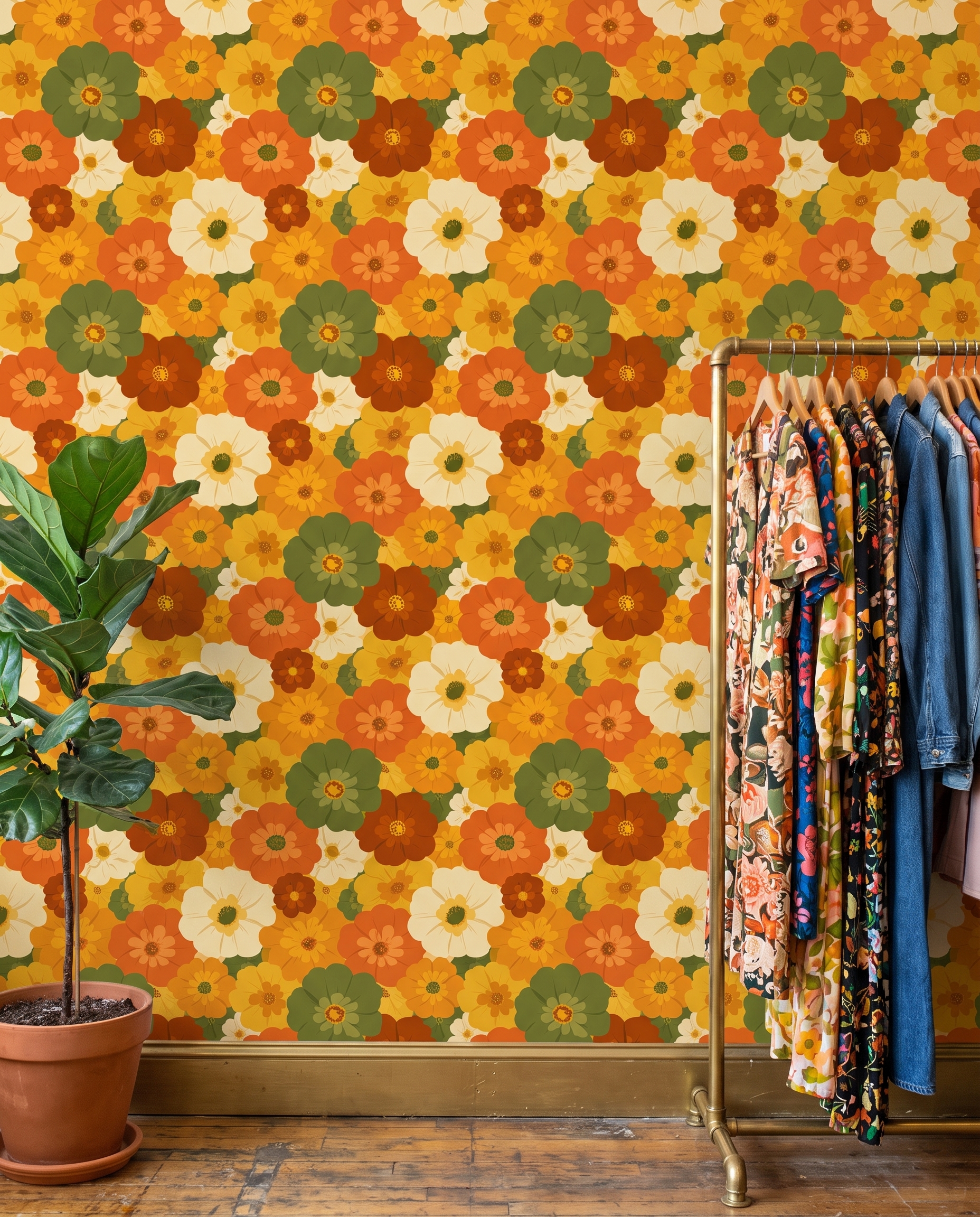 Retro Floral Wallpaper in Orange and Green, 70s Groovy Flowers Peel and Stick Wallpaper, Removable Wall Mural for a Bedroom Accent Wall