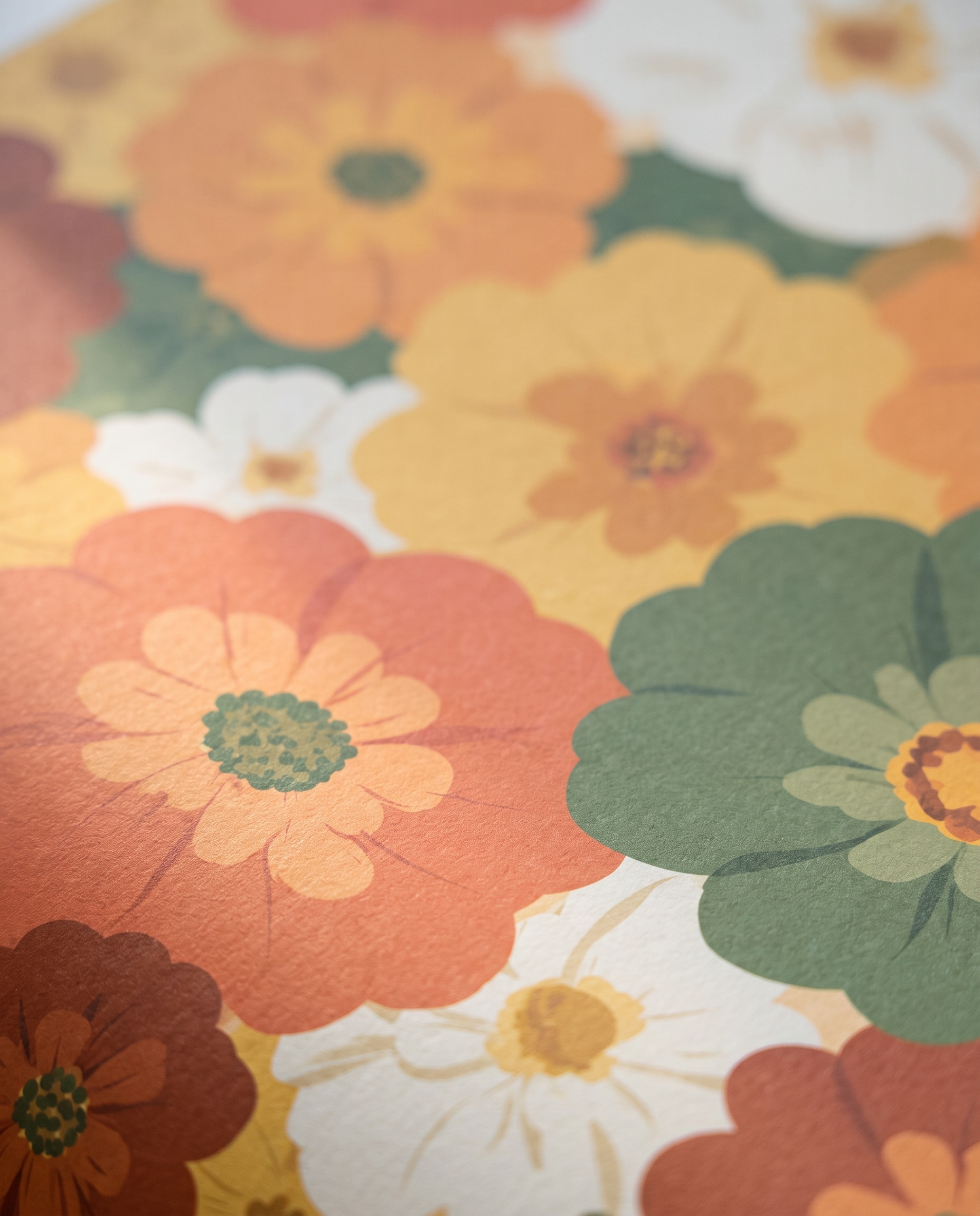 Retro Floral Wallpaper in Orange and Green, 70s Groovy Flowers Peel and Stick Wallpaper, Removable Wall Mural for a Bedroom Accent Wall