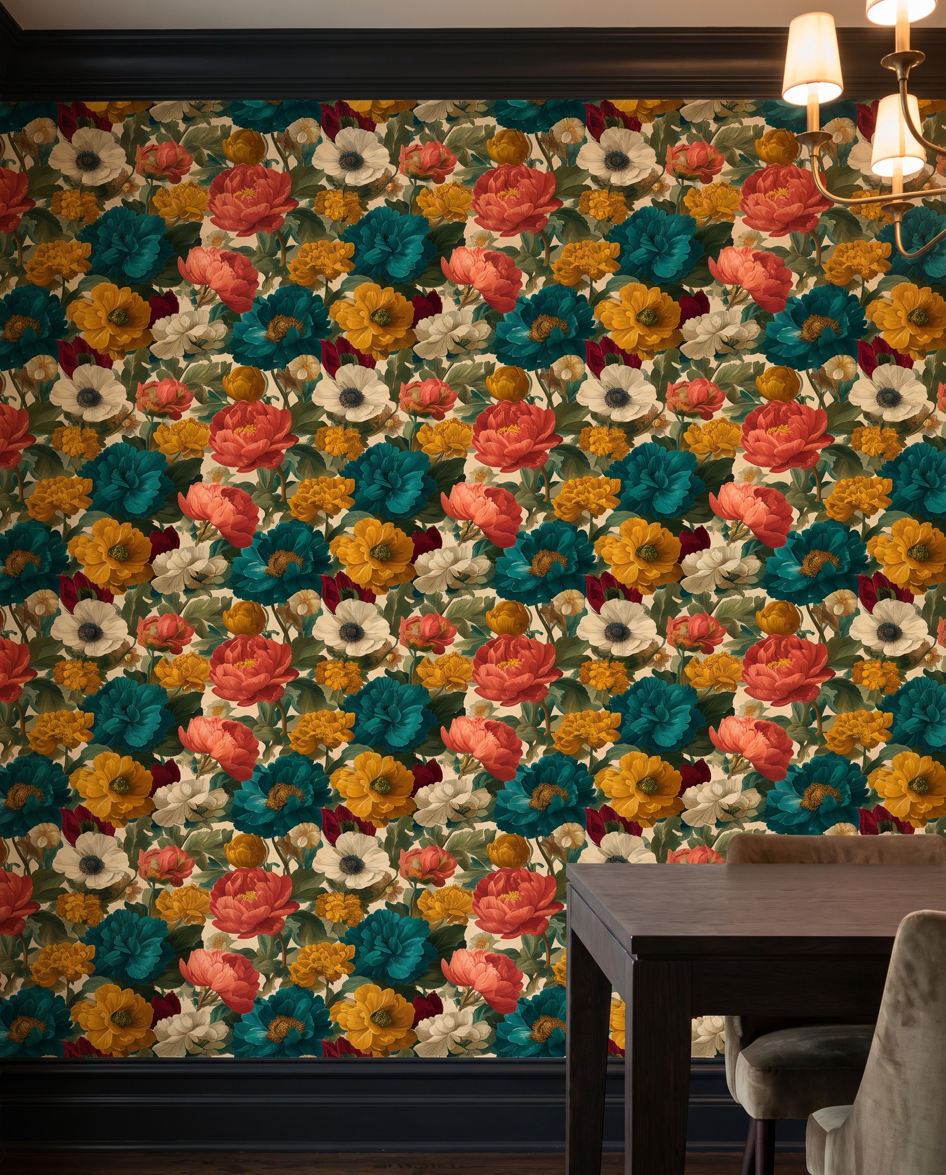 Vintage Peony & Anemone Wallpaper in Teal and Coral, Removable Peel and Stick Wallpaper for a Dramatic Bedroom Accent Wall