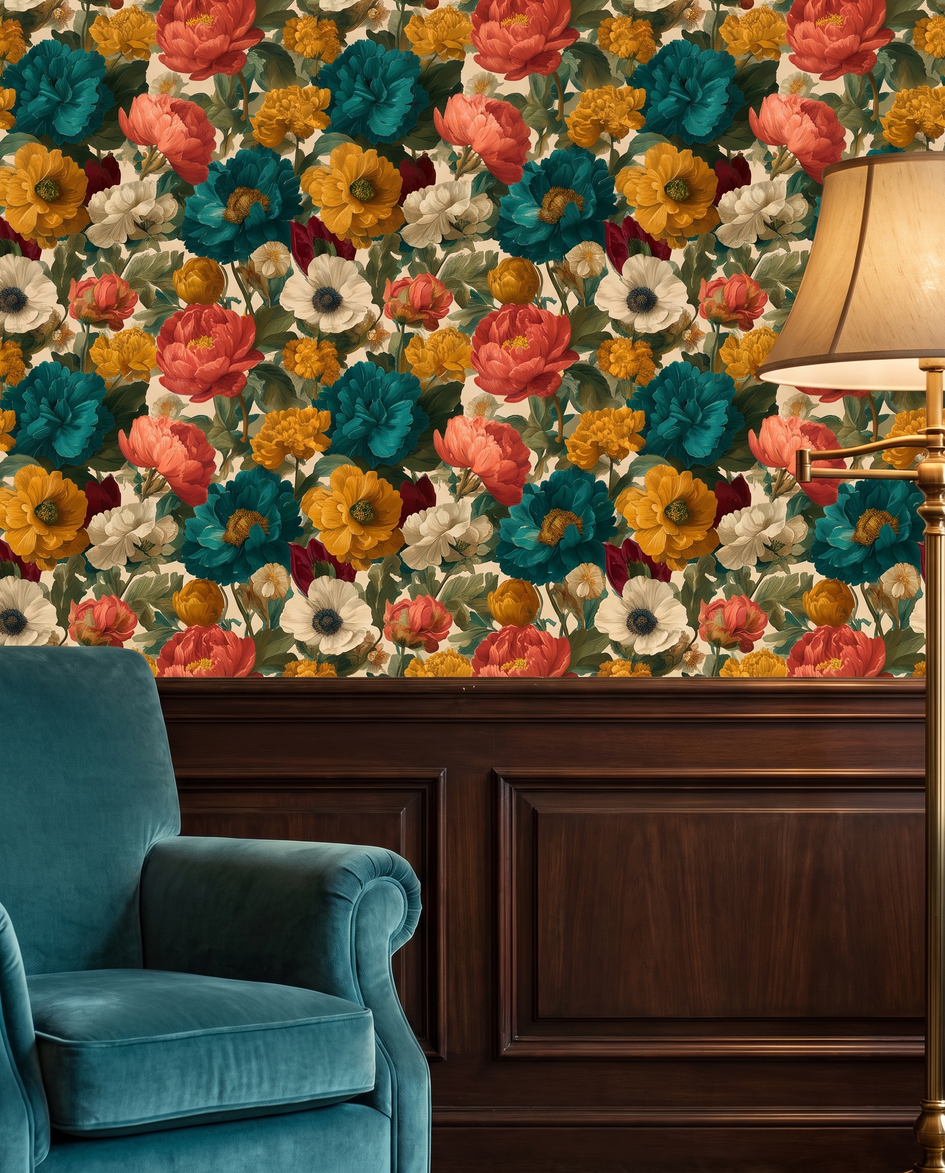 Vintage Peony & Anemone Wallpaper in Teal and Coral, Removable Peel and Stick Wallpaper for a Dramatic Bedroom Accent Wall