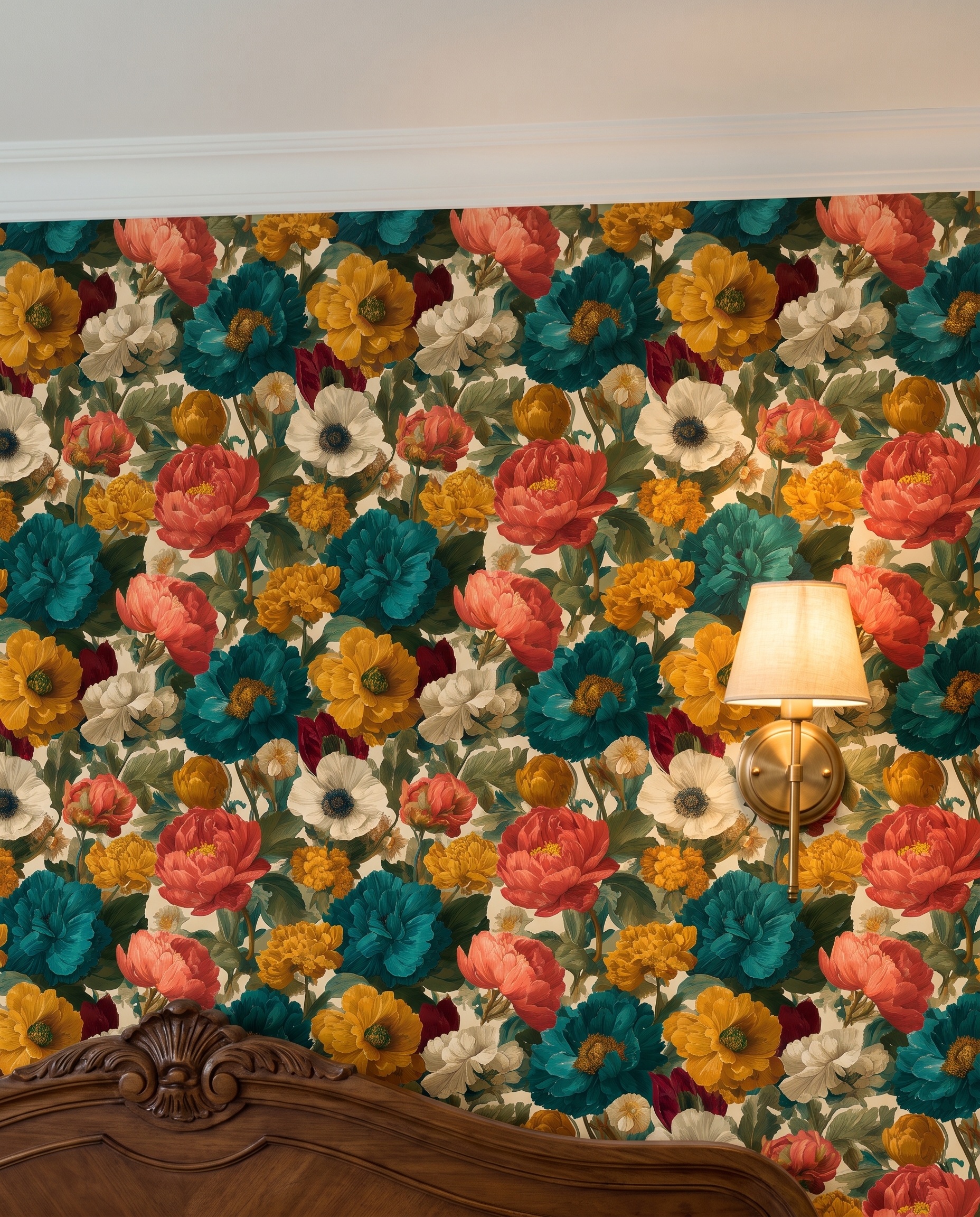 Vintage Peony & Anemone Wallpaper in Teal and Coral, Removable Peel and Stick Wallpaper for a Dramatic Bedroom Accent Wall