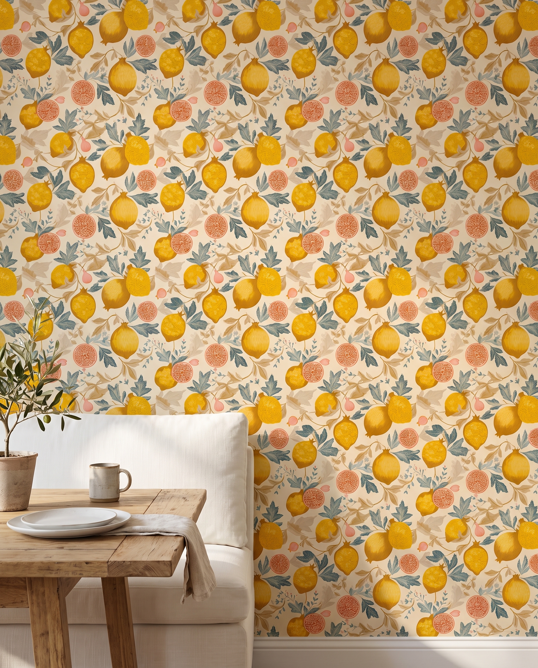 Vintage Pomegranate & Lemon Wallpaper in Yellow and Teal, Removable Peel and Stick Wallpaper, Botanical Fruit Mural for Kitchen Accent Wall