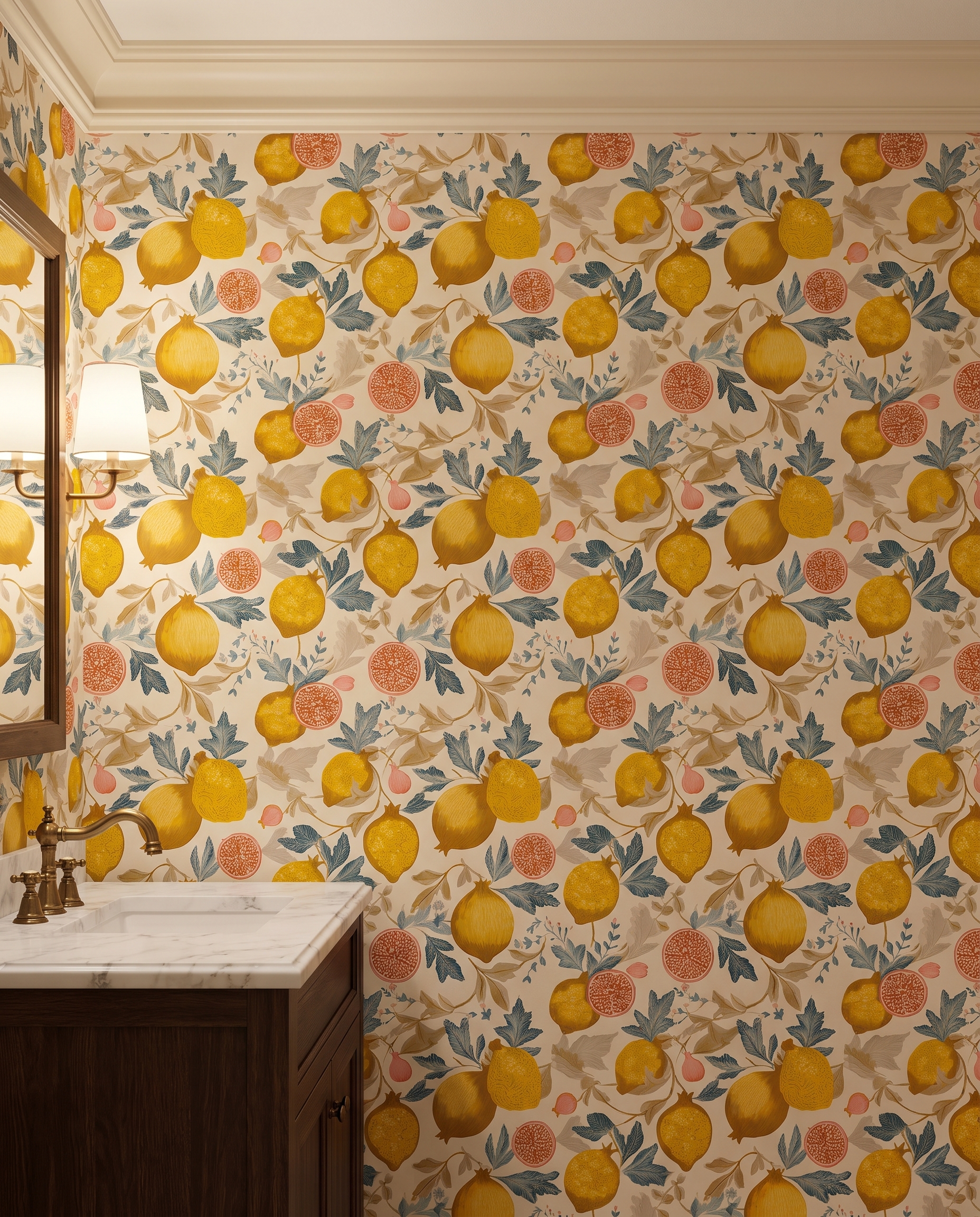 Vintage Pomegranate & Lemon Wallpaper in Yellow and Teal, Removable Peel and Stick Wallpaper, Botanical Fruit Mural for Kitchen Accent Wall