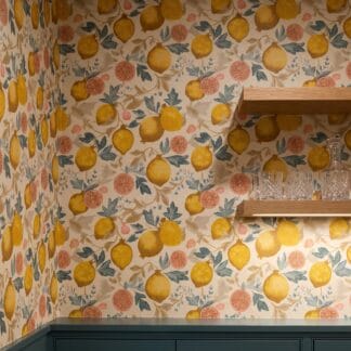 Vintage Pomegranate & Lemon Wallpaper in Yellow and Teal, Removable Peel and Stick Wallpaper, Botanical Fruit Mural for Kitchen Accent Wall