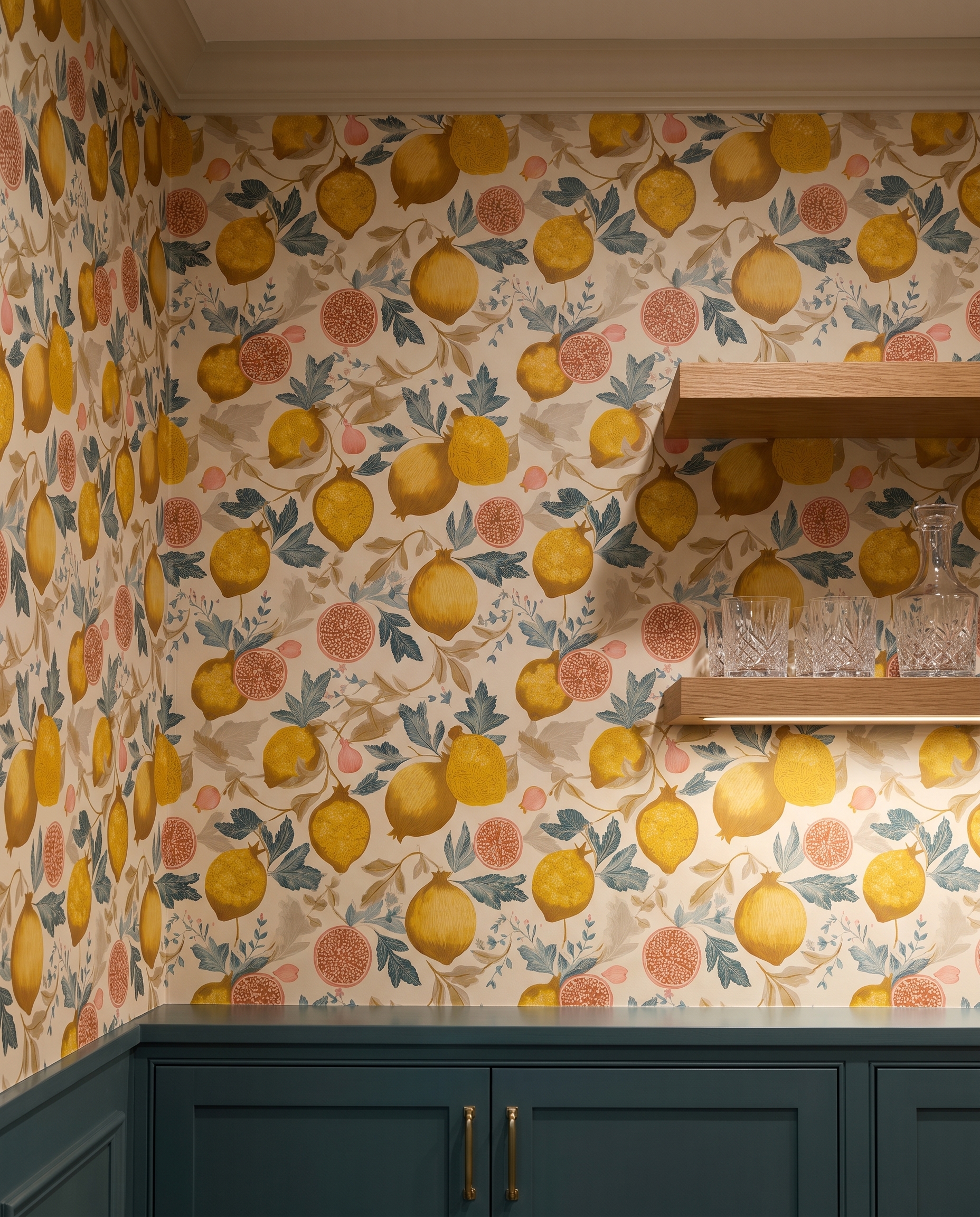 Vintage Pomegranate & Lemon Wallpaper in Yellow and Teal, Removable Peel and Stick Wallpaper, Botanical Fruit Mural for Kitchen Accent Wall