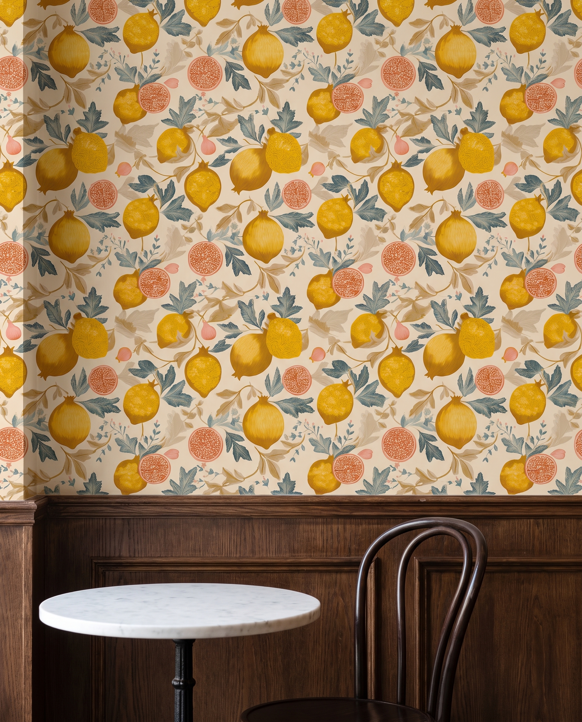 Vintage Pomegranate & Lemon Wallpaper in Yellow and Teal, Removable Peel and Stick Wallpaper, Botanical Fruit Mural for Kitchen Accent Wall