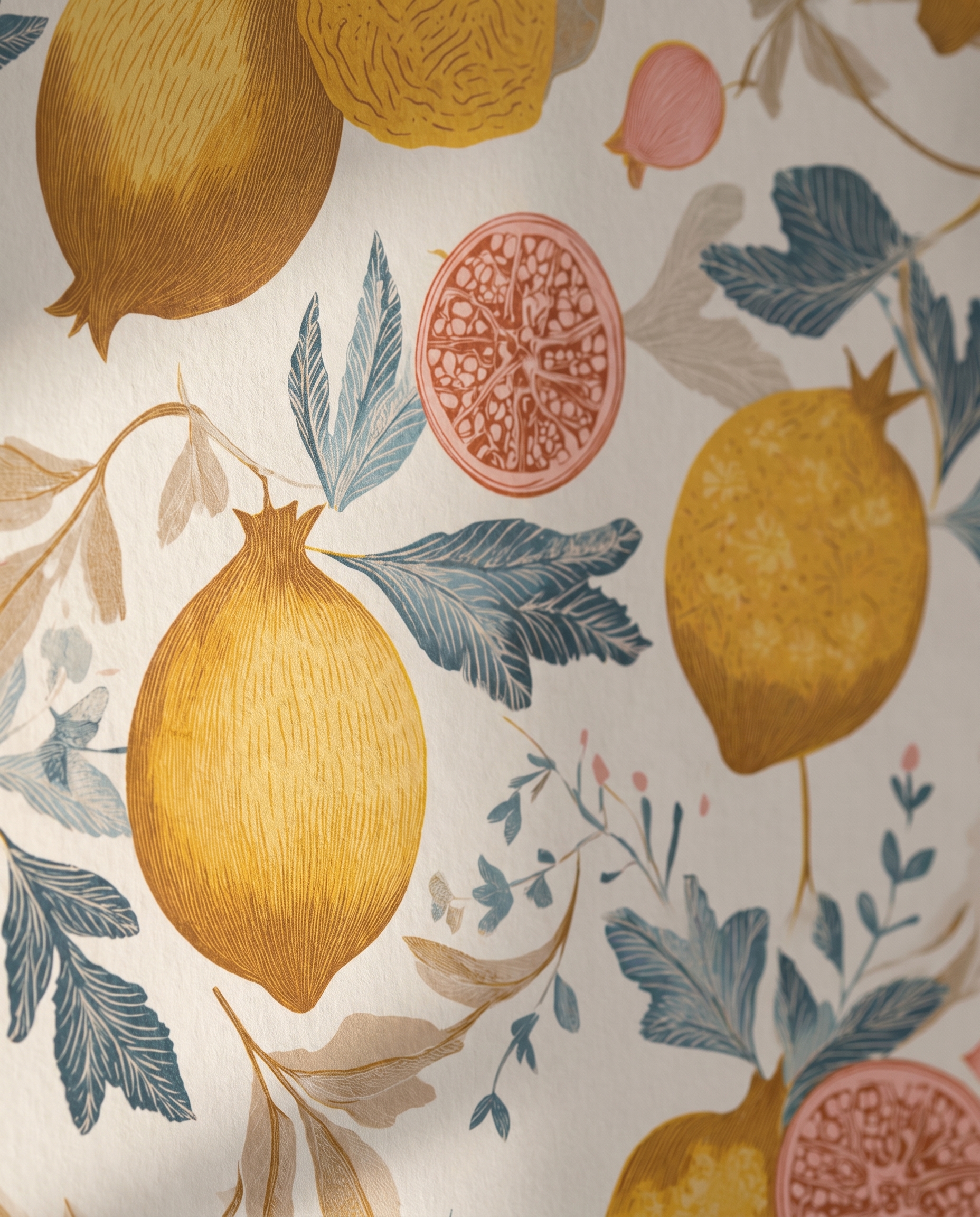 Vintage Pomegranate & Lemon Wallpaper in Yellow and Teal, Removable Peel and Stick Wallpaper, Botanical Fruit Mural for Kitchen Accent Wall