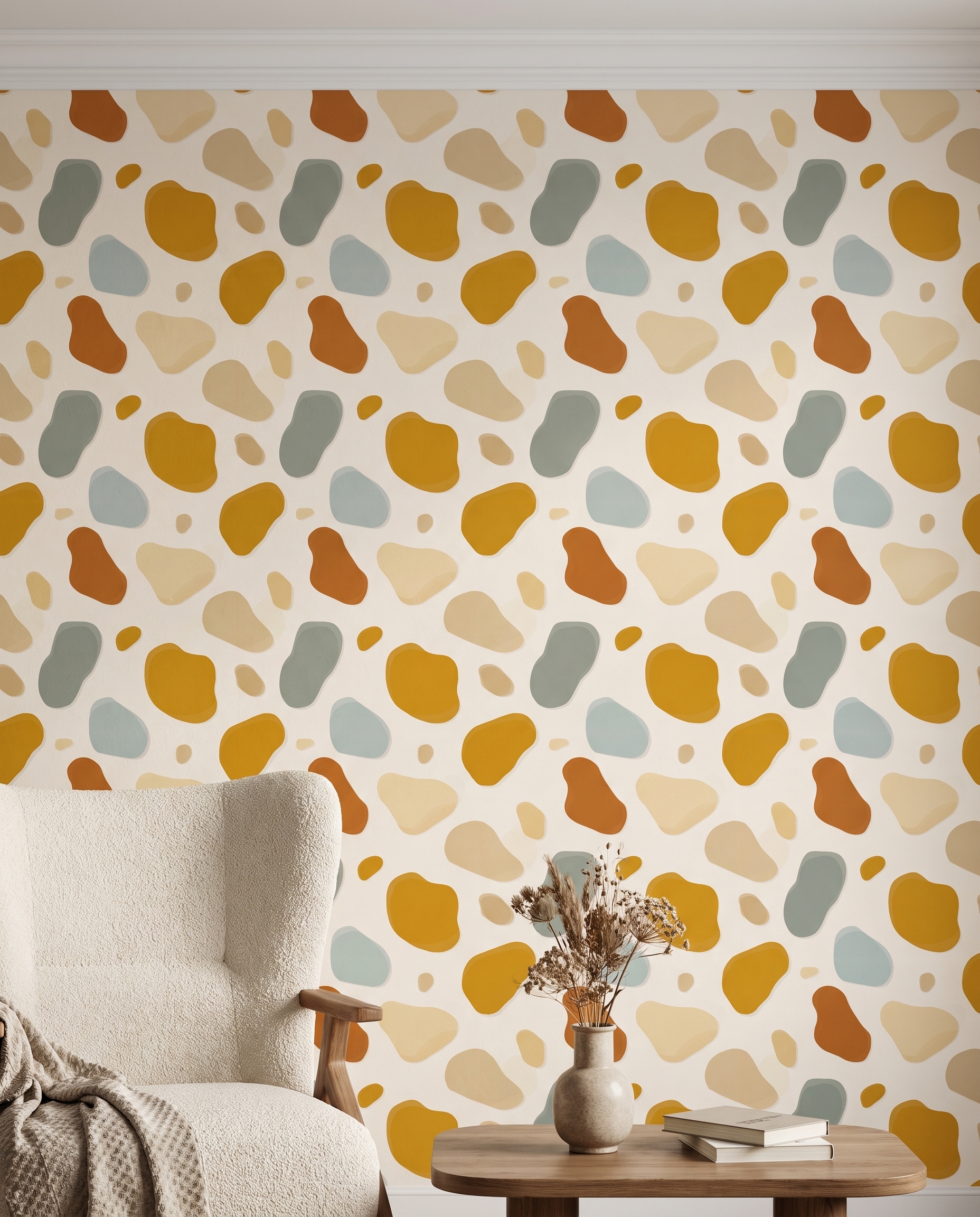 Abstract Blobs Wallpaper in Earthy Mustard and Sage, Contemporary Peel and Stick Wallpaper, Removable Wall Mural for Nursery Accent Wall